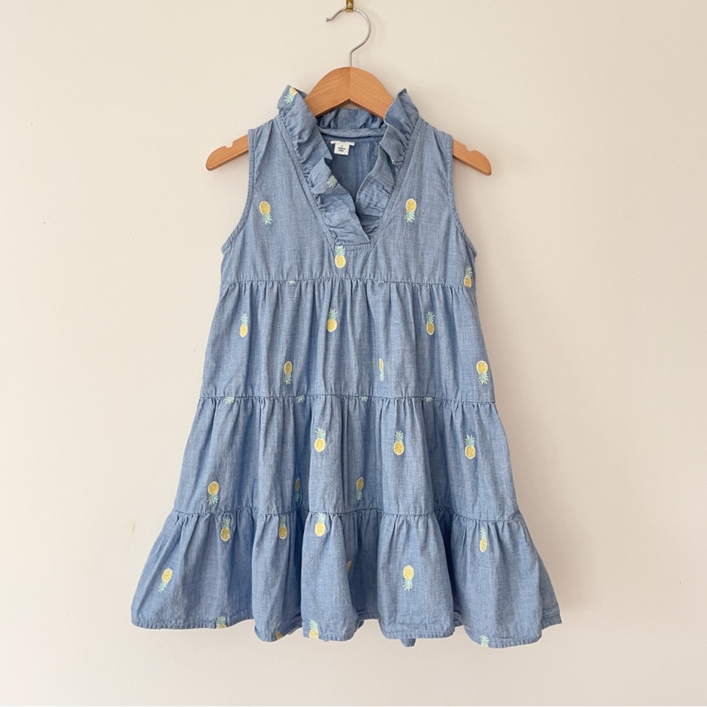 CROWN & IVY EUC Embroidered Pineapple Tiered Chambray Spring Summer Dress